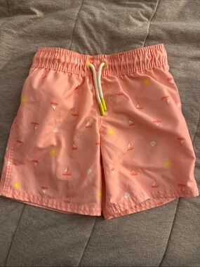 Cat & Jack Coral Pink Swim Trunks with Sailboat Print
